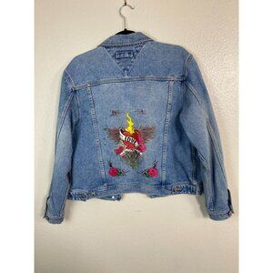 Vintage Xhilaration Womens Y2K Blue Denim Jacket size Large Studded Biker Punk